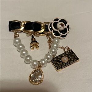 Gold and Black Chain Brooch with Pearl Accents